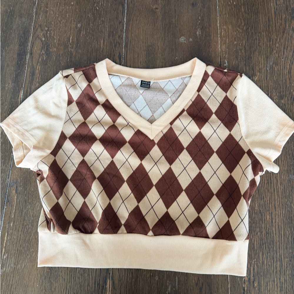 SHEIN Cream and Brown Argyle Crop Top